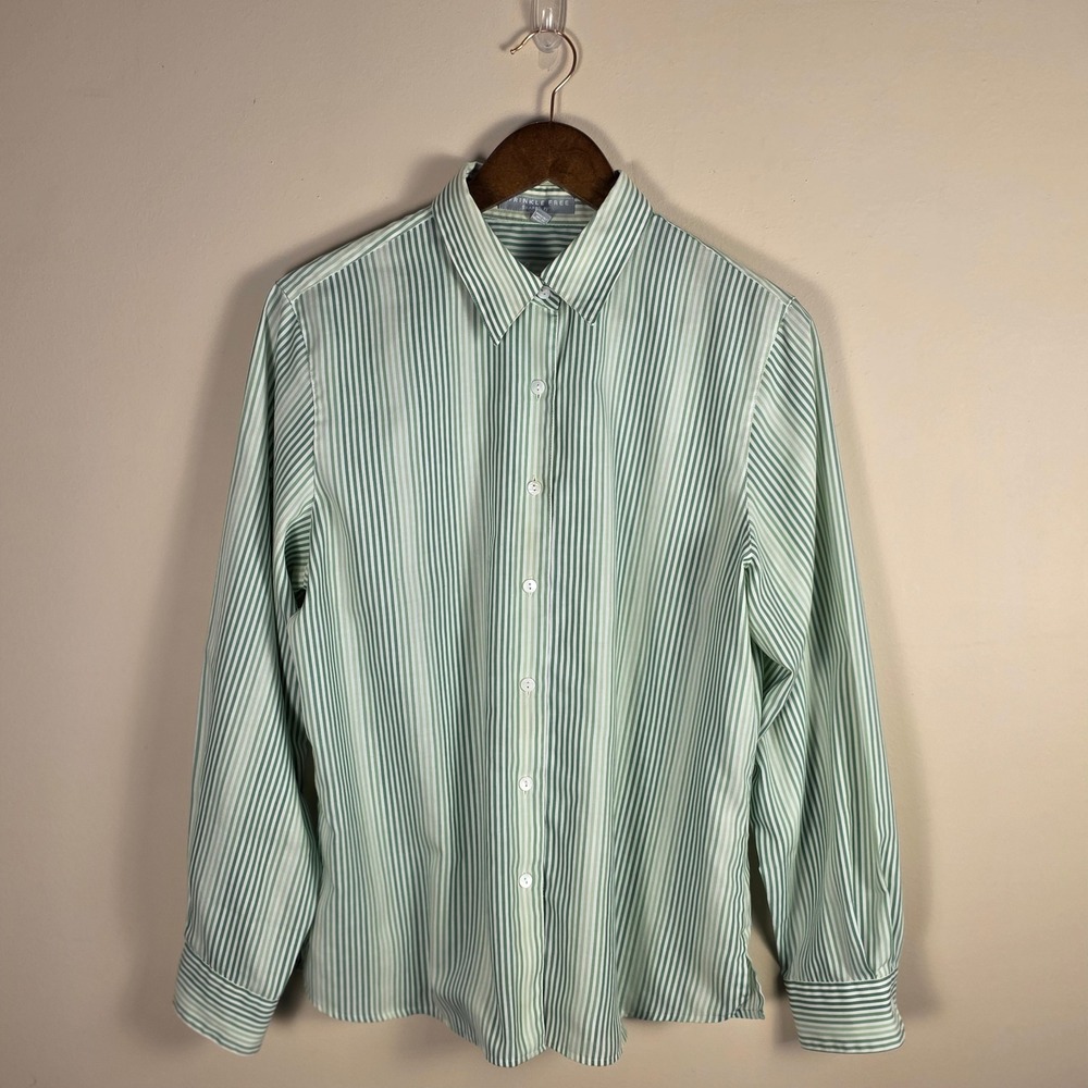 Foxcroft Button Down Shirt Womens 12 Green Striped Wrinkle Free Shaped Fit